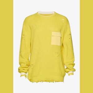 Seroya Devin Sweater Unisex Large Distressed Knit Yellow Crew Neck Streetwear